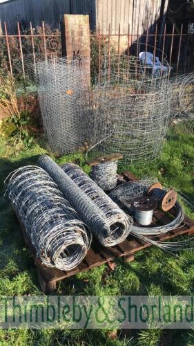 Stock fencing, barbed wire, chicken wire and straining wire