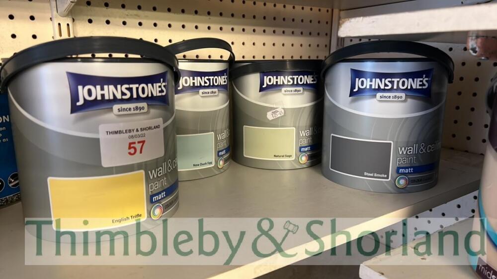 4 no 2.5L tins Johnstones paint, English trifle, steel smoke, new duck