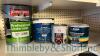 4 no various paints, 5L white under coats, felt adhesive, gloss, rubber bitumen emulsion