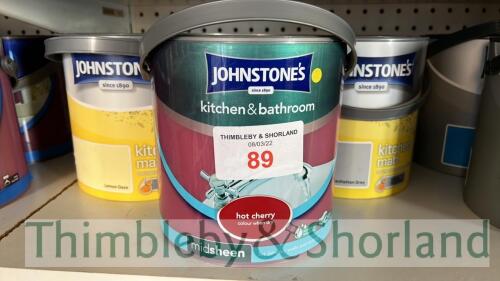 3 no tins of Johnstones 2.5L paint - hot cherry, lemon daze, Manhattan grey