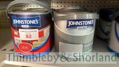 4 no tins of Johnstones 2.5L paint - rich red, moonlit sky, jade, lime crush