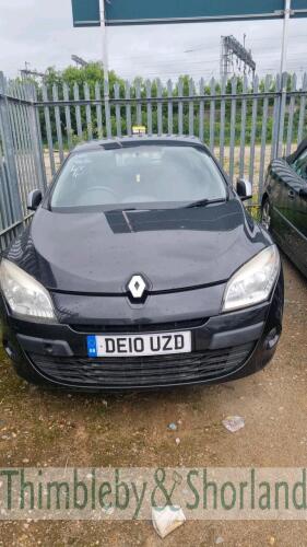 RENAULT MEGANE 1 MUSIC VVT 100 - DE10 UZD Date of registration: 30.04.2010 1598cc, petrol, manual, black Odometer reading at last MOT: 112,506 miles MOT expiry date: 20.12.2021 No key, No V5 This vehicle may only be purchased by the holder of an ATF certi