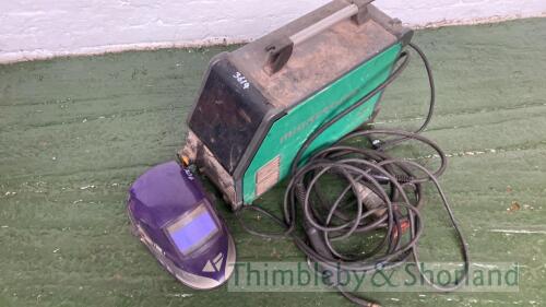 Migatronic Omega 300A mig welder 3 phase 415v with mains plus, mig torch, earth lead and clamp, gas hose & Parweld head shield