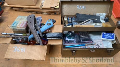 Various hand tools, tool box, screwdrivers