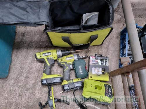 2 Ryobi cordless drills and 2 line cross laser