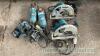 2 Makita circular saws, 2 angle grinders, and 2 cordless drills