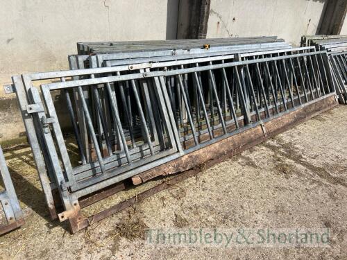 14 sheep feed barriers with 4 gates, with 6 posts and 12 pins 2 x 14ft 6in, 12 x 10ft