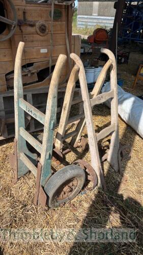 3 old wooden sack trollies