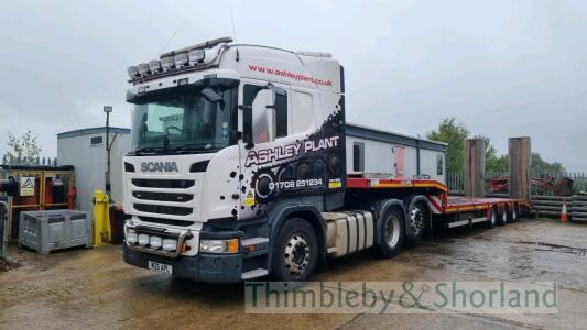 Scania R450 (2016) 371230kms, 6x2 Tag axle tractor unit with Faymonville Max (2017) 3 axle rear steer trailer, outriggers, 18000lbs winch and hydraulic ramps M25 APL 12740cc, diesel, Registration number to be retained