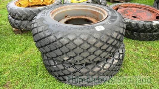 Pair of grass land tyres and rims BKT 16.9-30R3