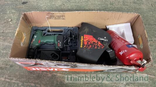 Bosch cordless drill/welding mask and fire extinguisher