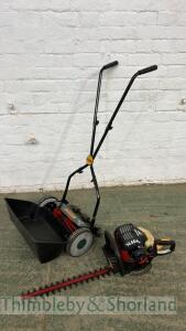 Homelite 22in hedge cutter and a Webb cylinder mower, as new