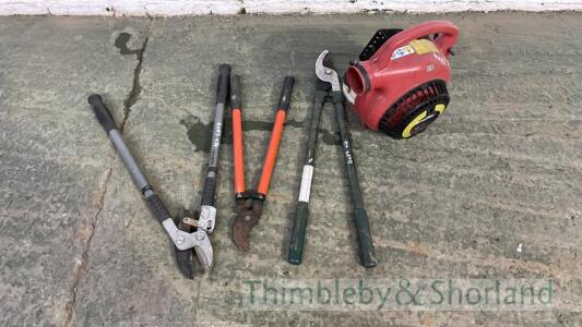 3 garden loppers and petrol blower