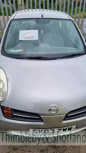 NISSAN MICRA S - SK03 ZWW Date of registration: 17.04.2003 1240cc, petrol, manual, silver Odometer reading at last MOT: 104,589 miles MOT expiry date: 03.03.2021 No key, V5 available Broken window