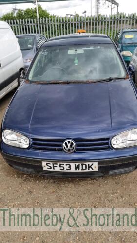 VW GOLF MATCH - SF53 WDK Date of registration: 30.09.2003 1598cc, petrol, manual, blue Odometer reading at last MOT: 102,302 miles MOT expiry date: 12.02.2020 No key, V5 available